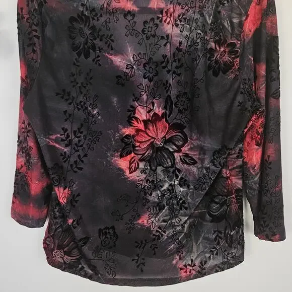 Cato Floral Red Black Burnout Top Sz Large Sheer Gothic Romantic Stretch Blouse - Picture 7 of 14